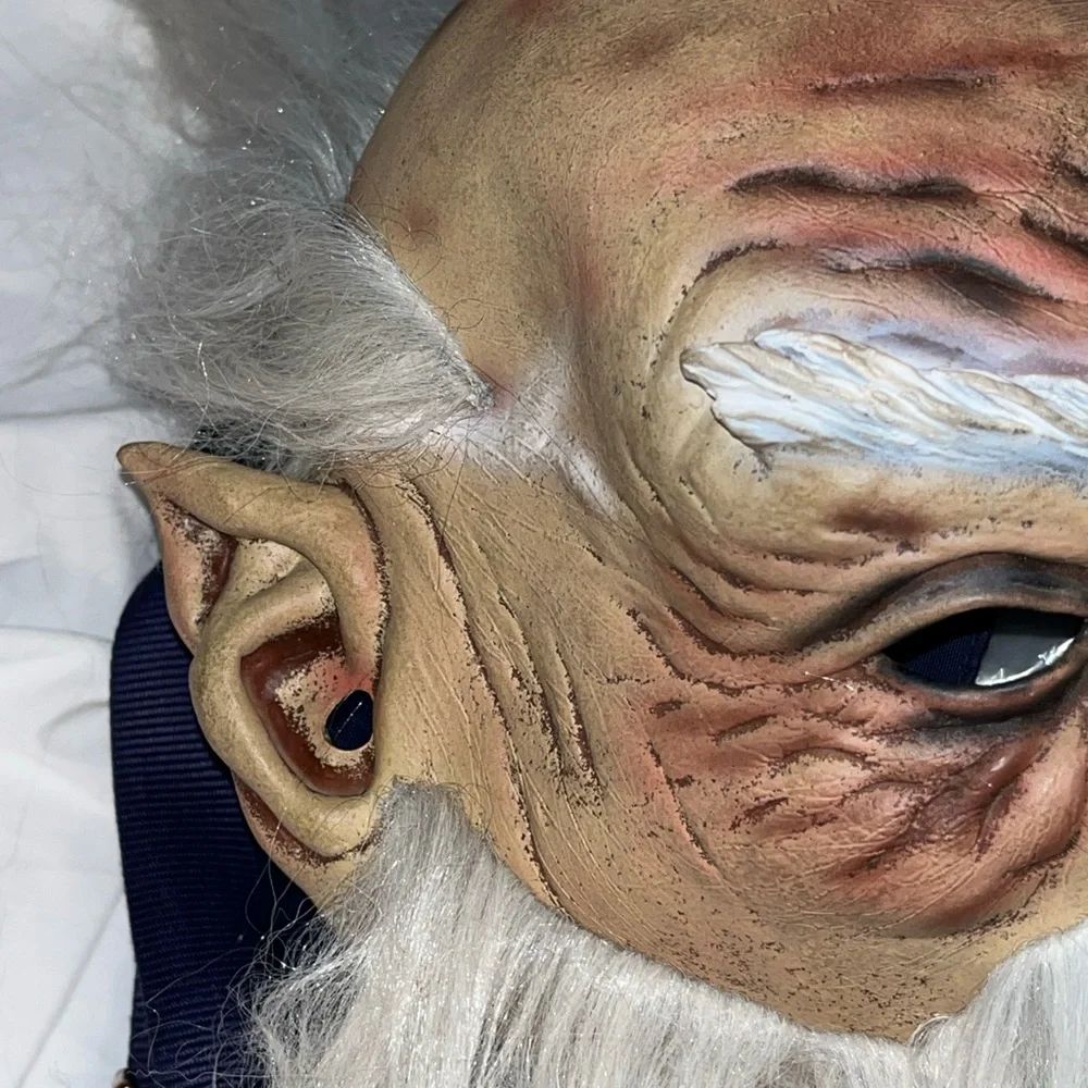 Vintage 2003 OLD MAN Mask WIZARD Full Head White Hair Beard Pointed Elf Ears VTG